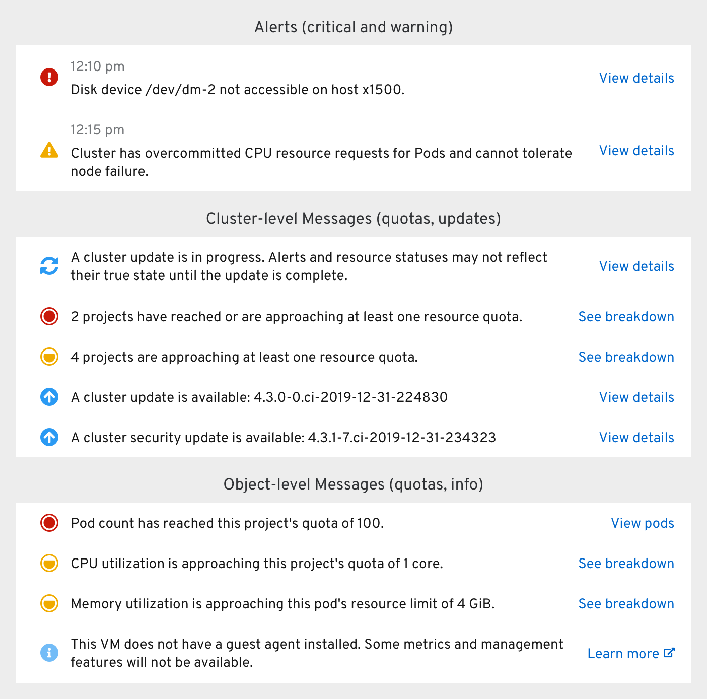 Status card alerts and messages