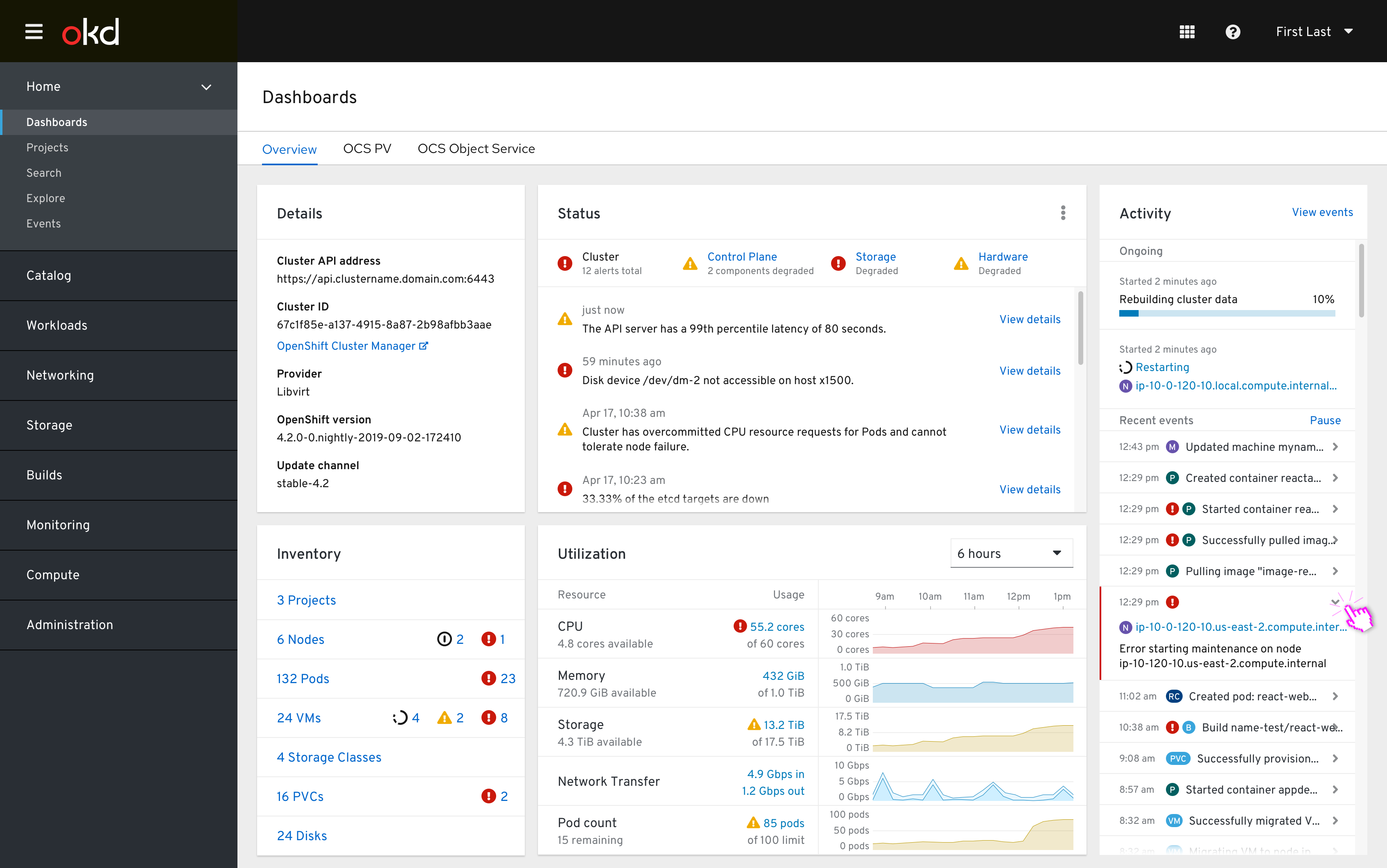 Cluster Overview Dashboard Errors