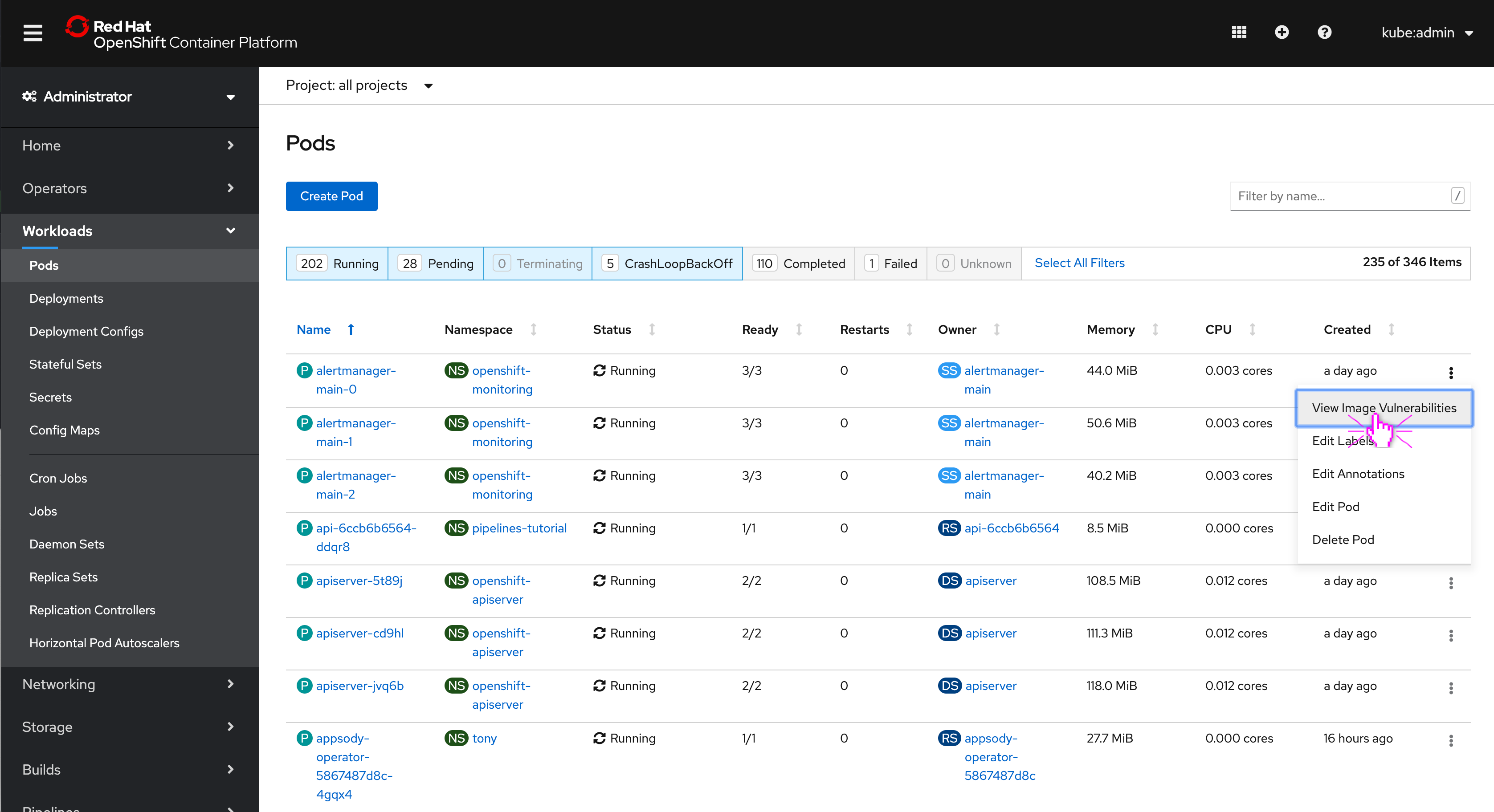 Pods List Actions