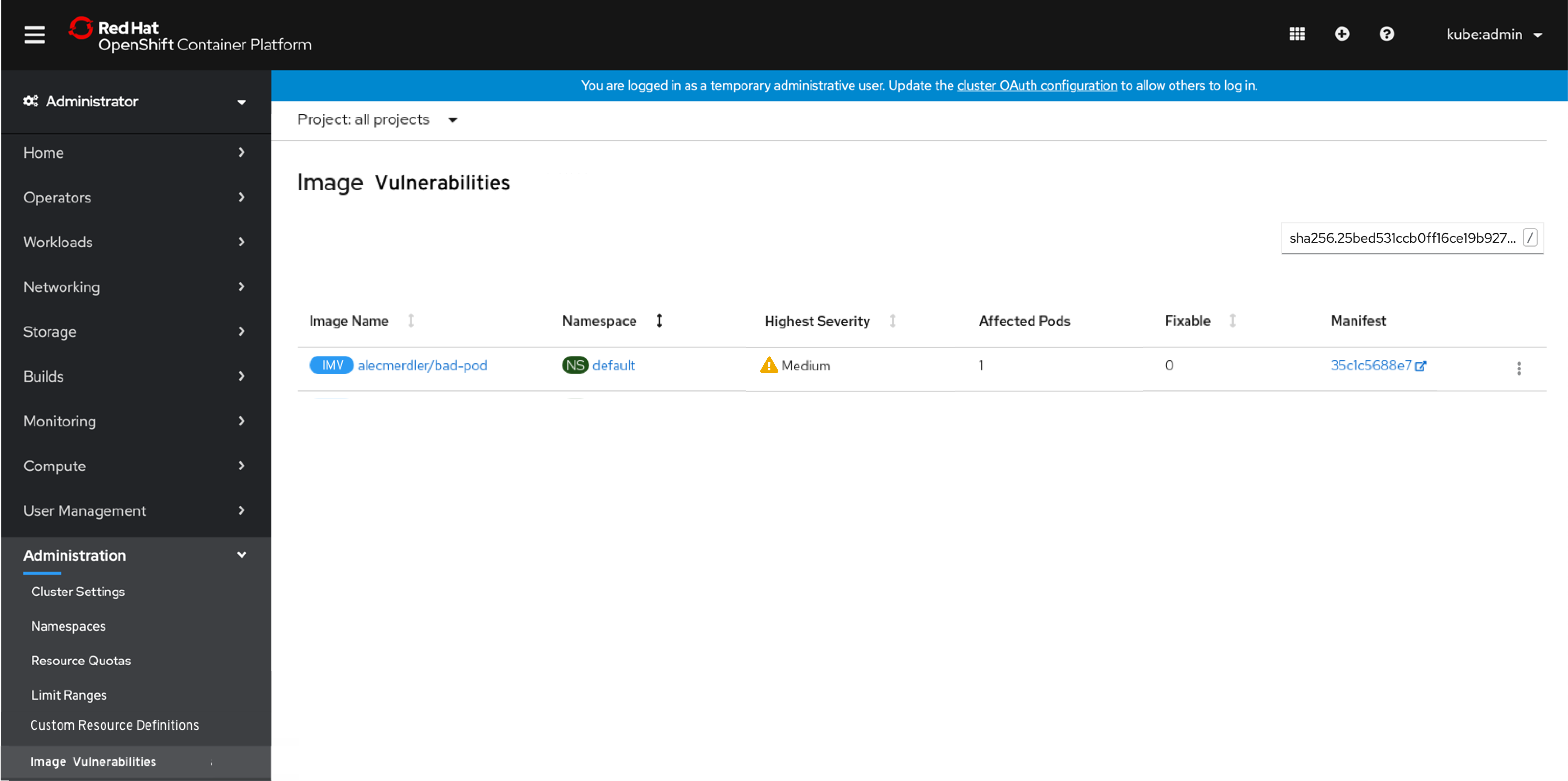 ImageManifestVulnerabilities List Filtered Pod