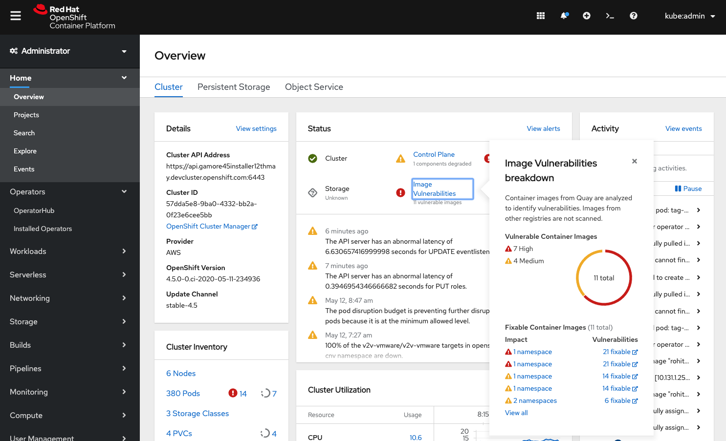 Cluster Dashboard Image Vulnerabilities Status