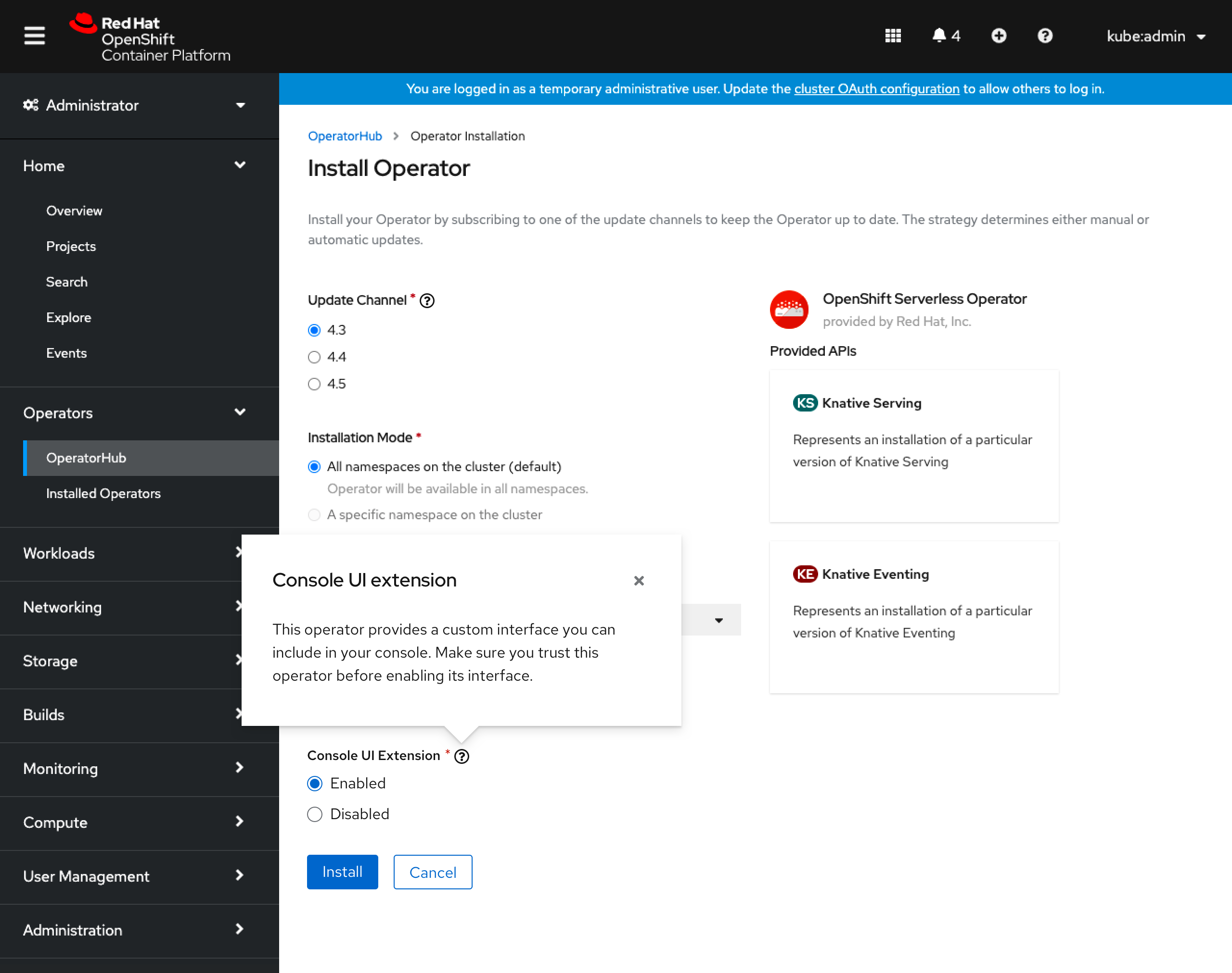 Operator install popover