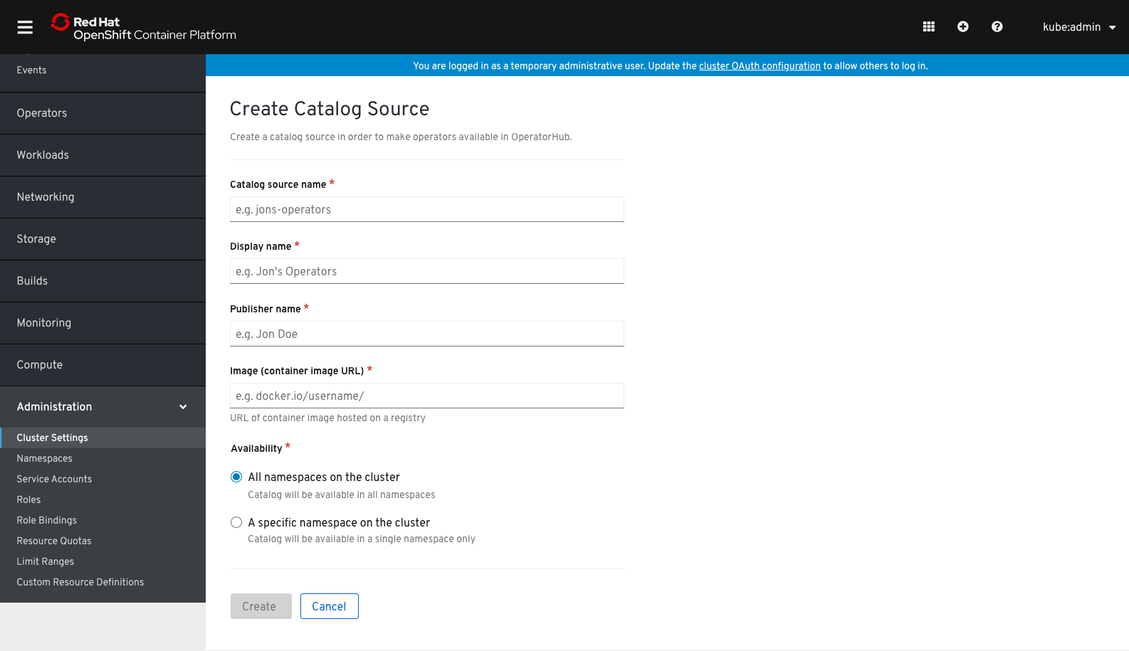 OperatorHub catalog source form