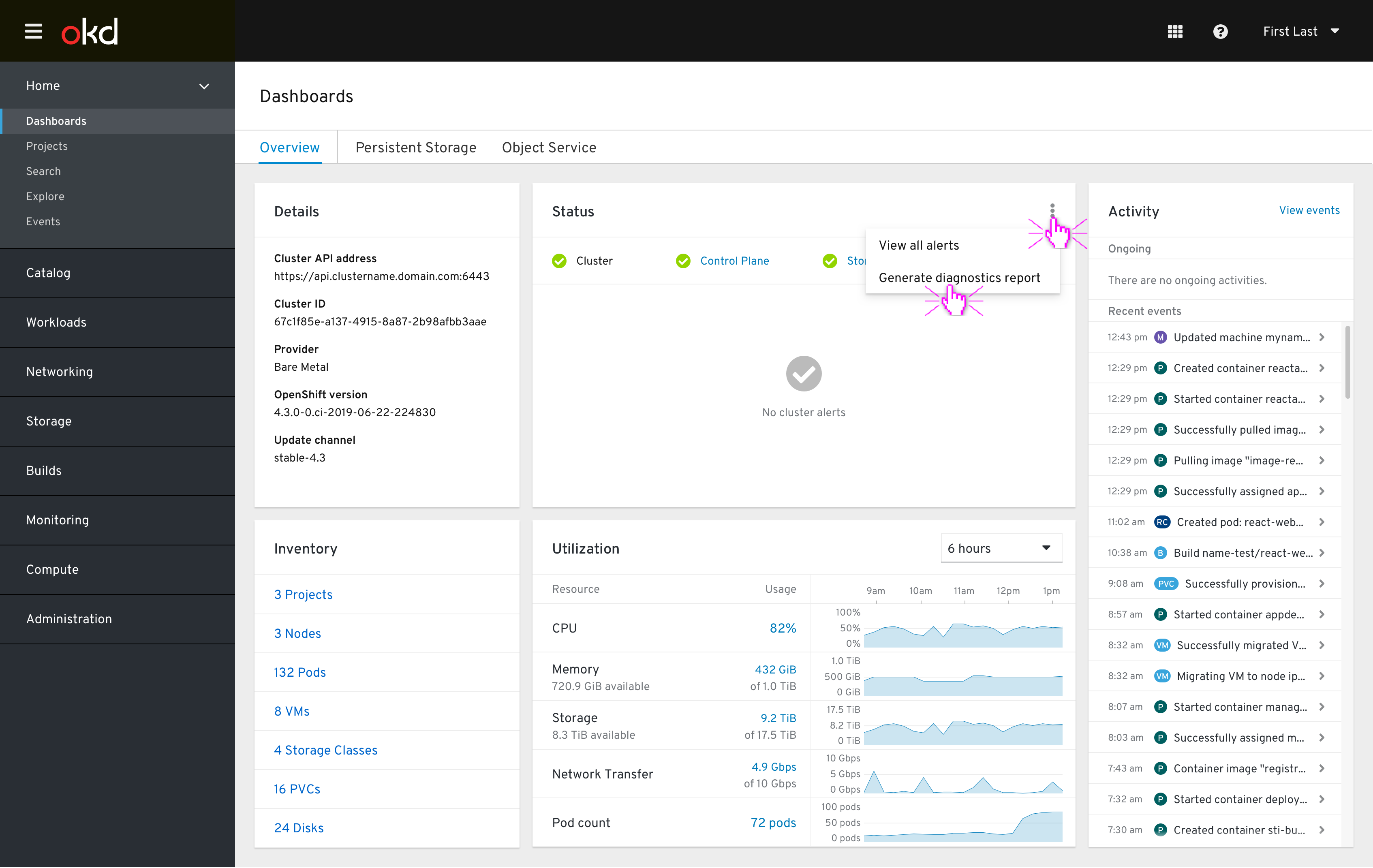 Cluster dashboard status card kebab menu