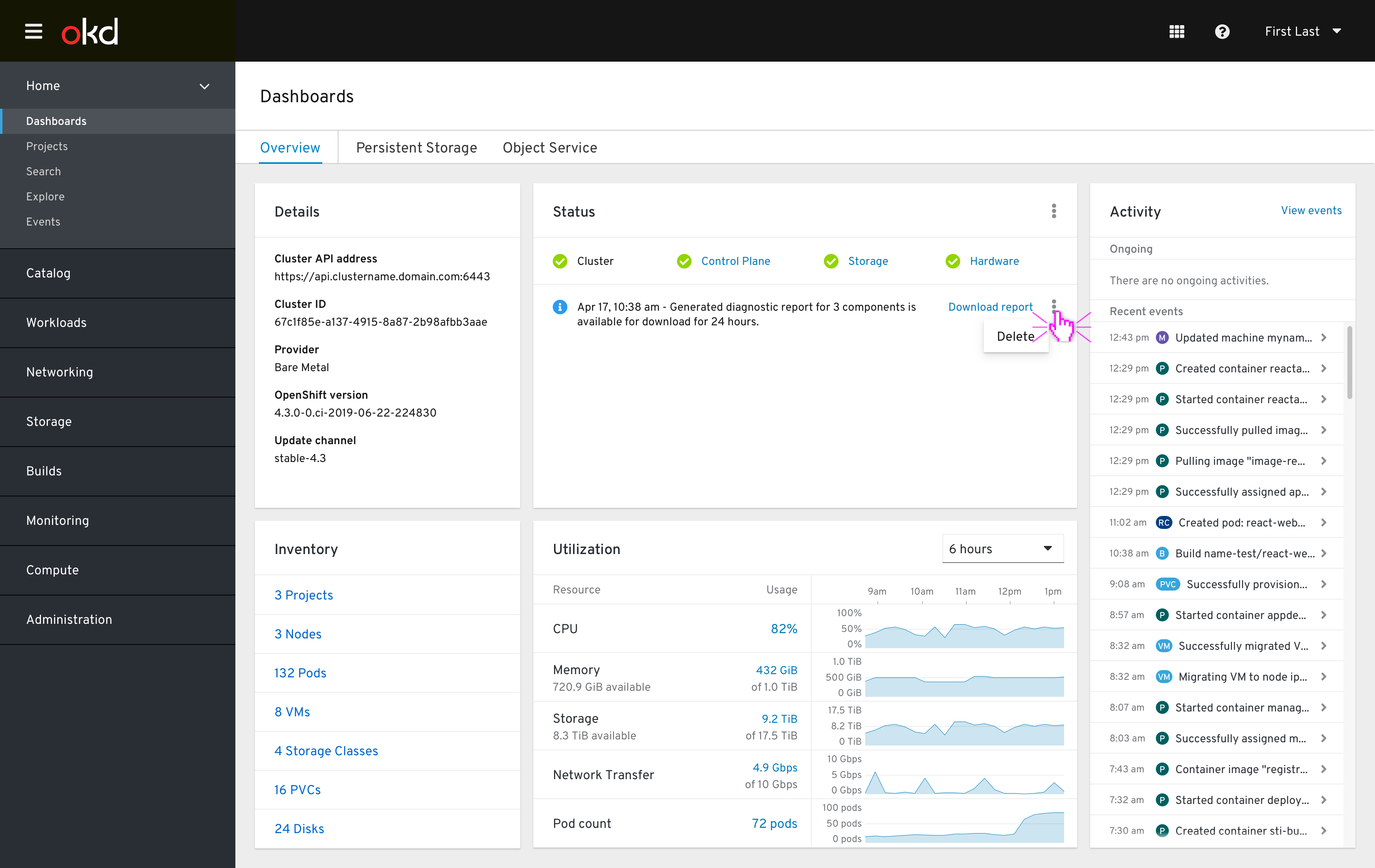 Cluster dashboard generated status message