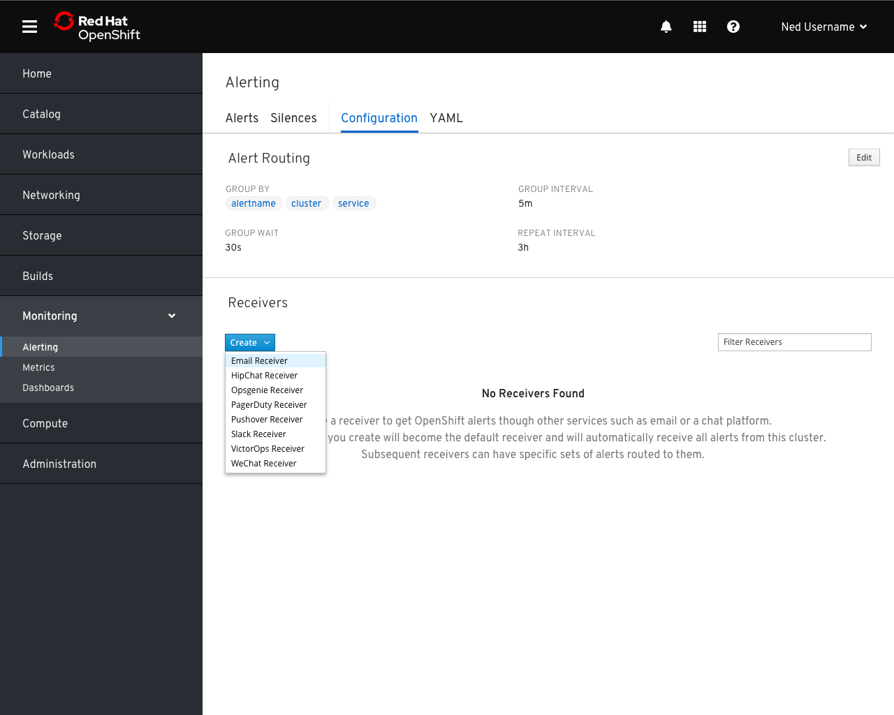 configuration tab with create menu open showing receiver types