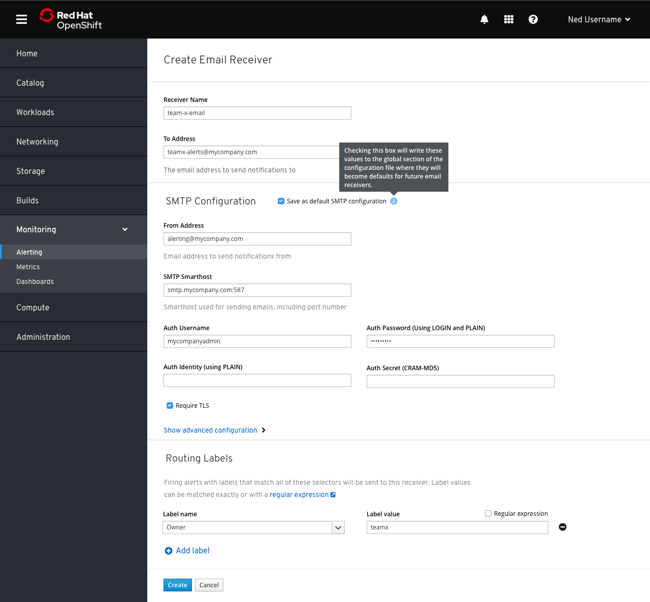 create reciever page with routing labels section