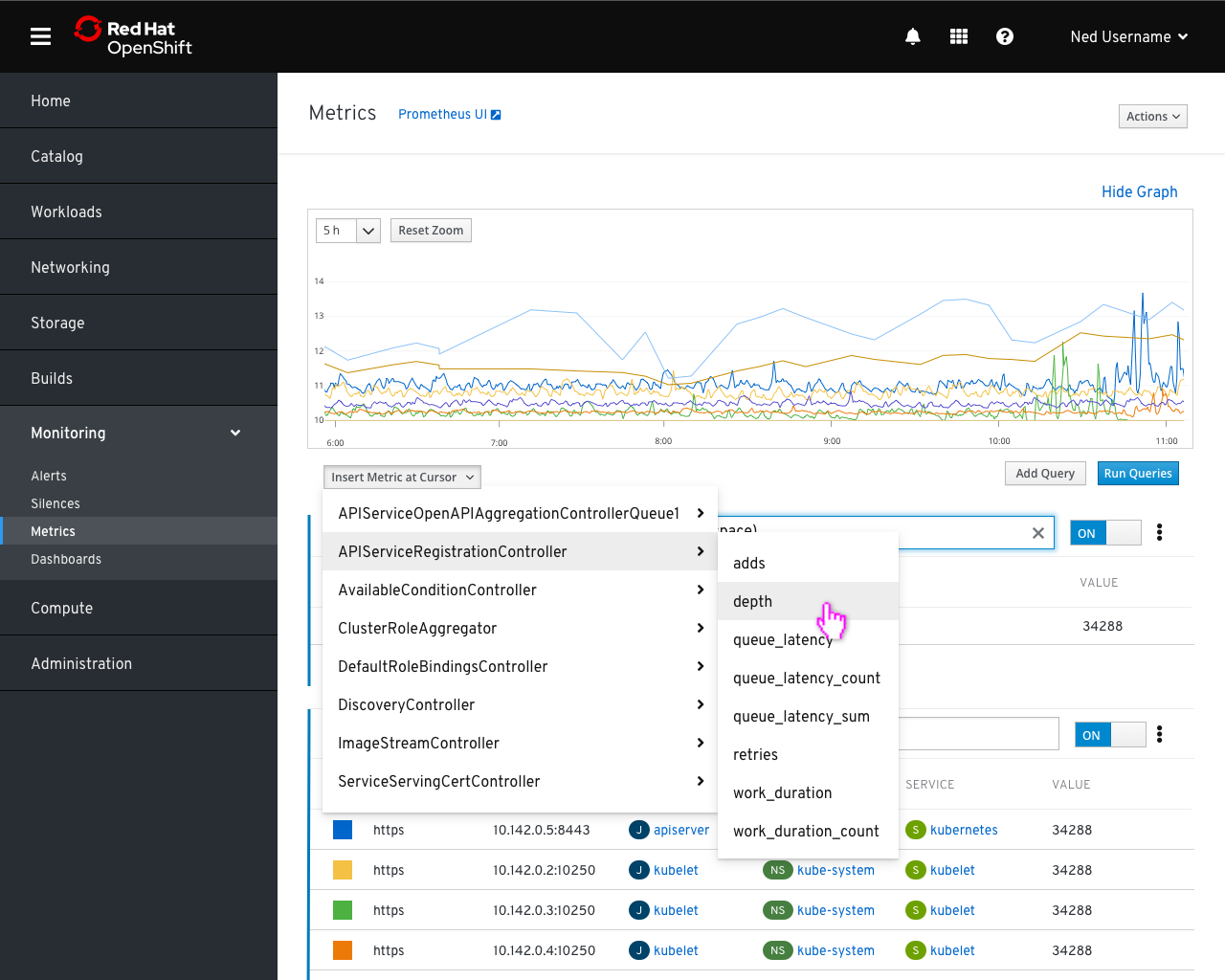 Opened metrics dropdown showing all possible metrics to enter