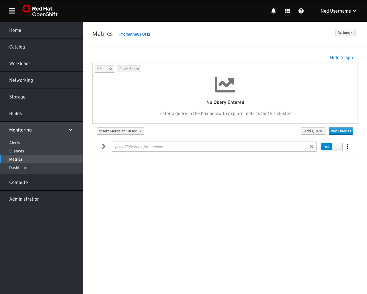 Metrics page with an empty query field