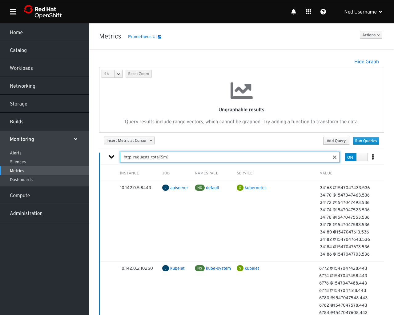 Metrics page with un-graphable results