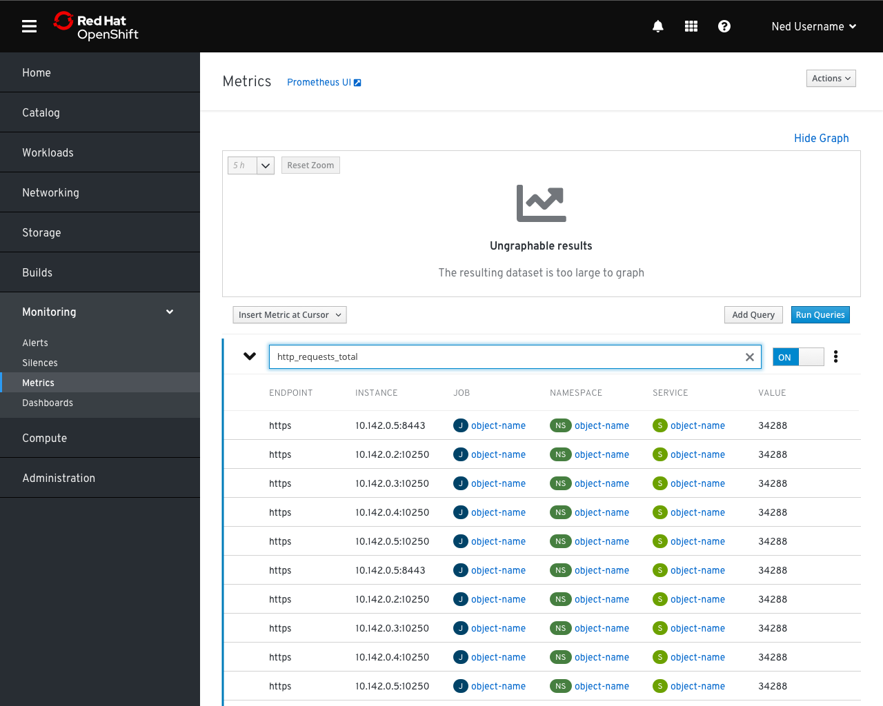 Metrics page with too many results to graph