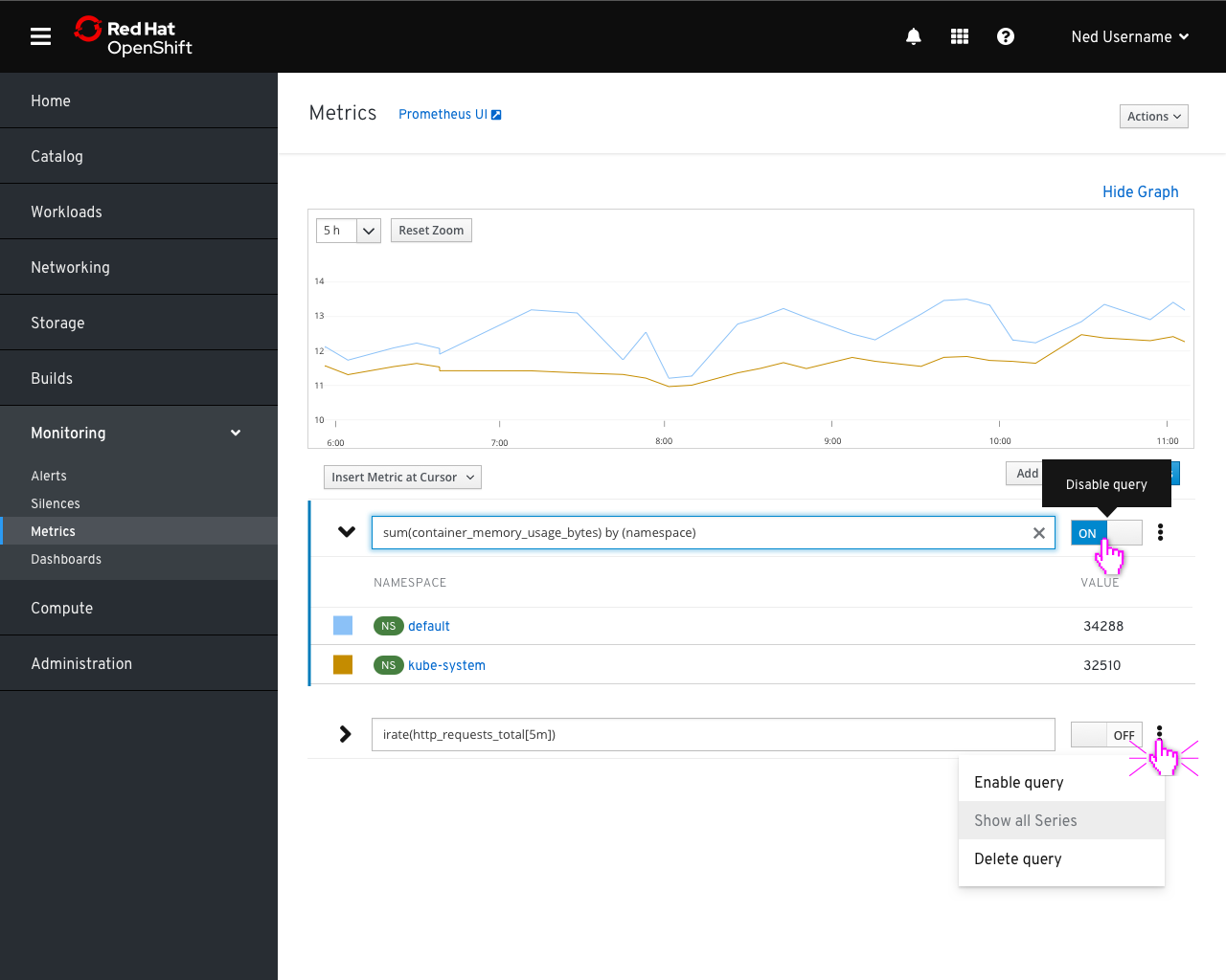 Metrics graph with one query turned off