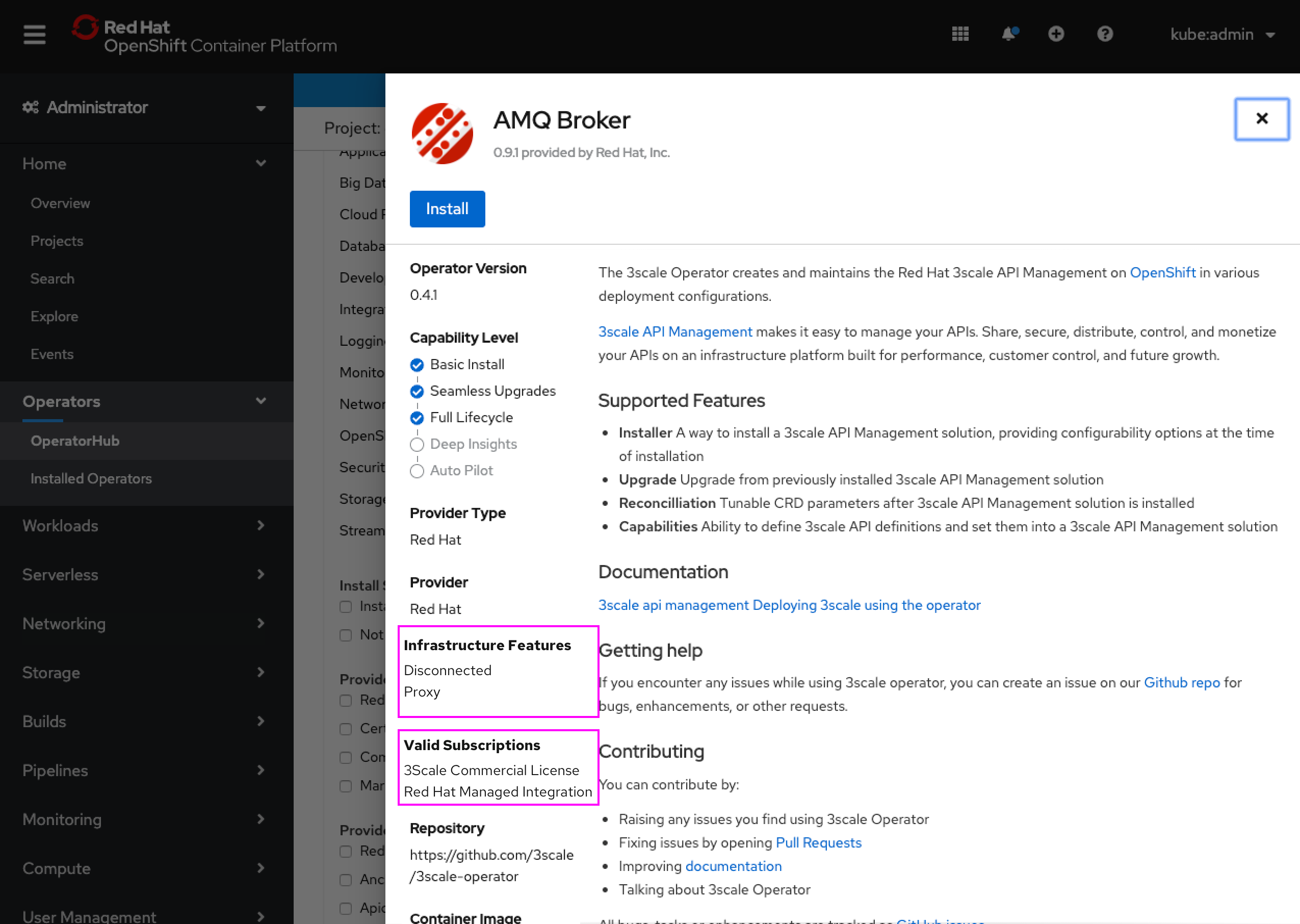 OperatorHub filters