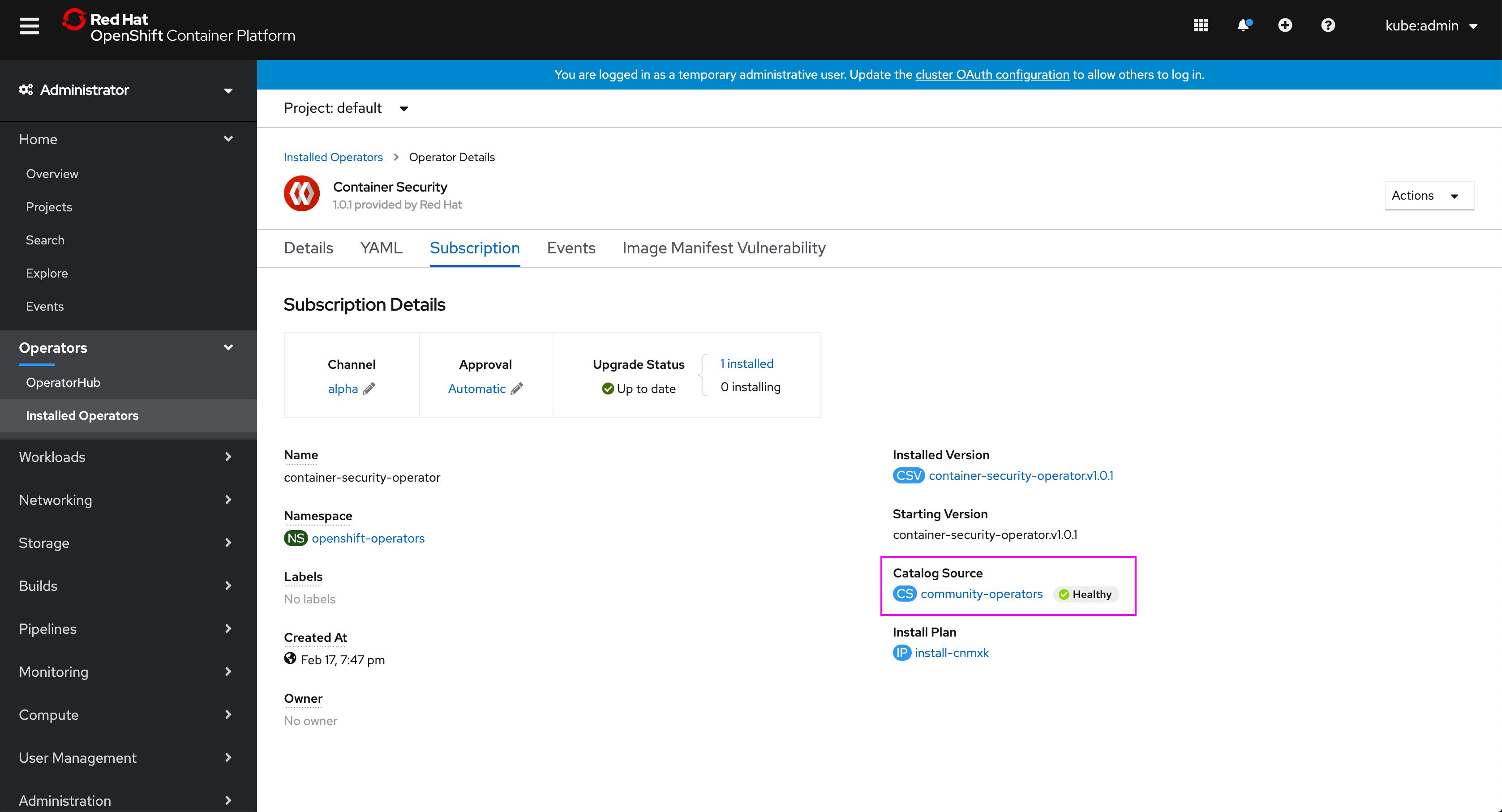 Cluster dashboard status card message click