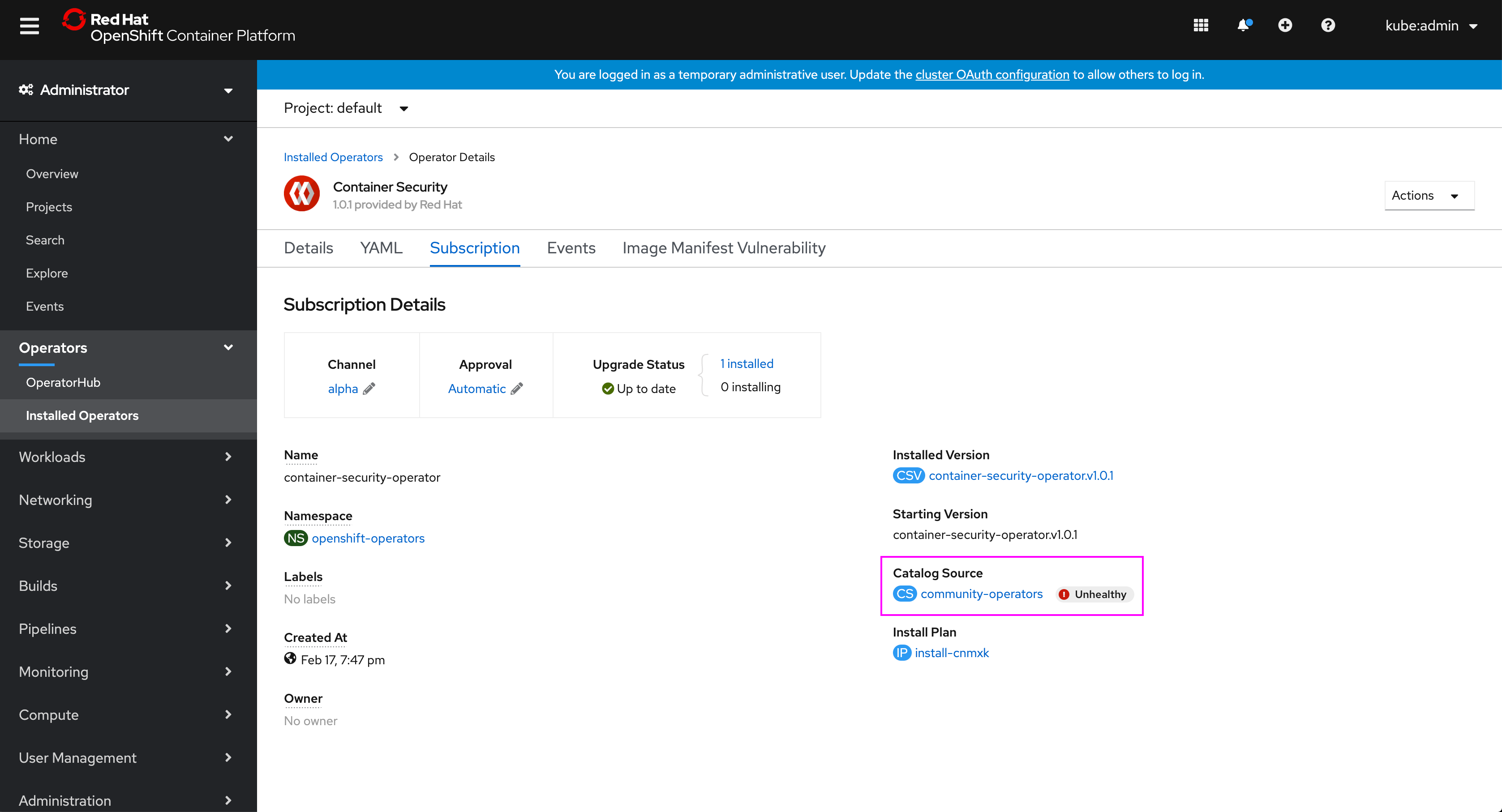 Cluster dashboard status card message click