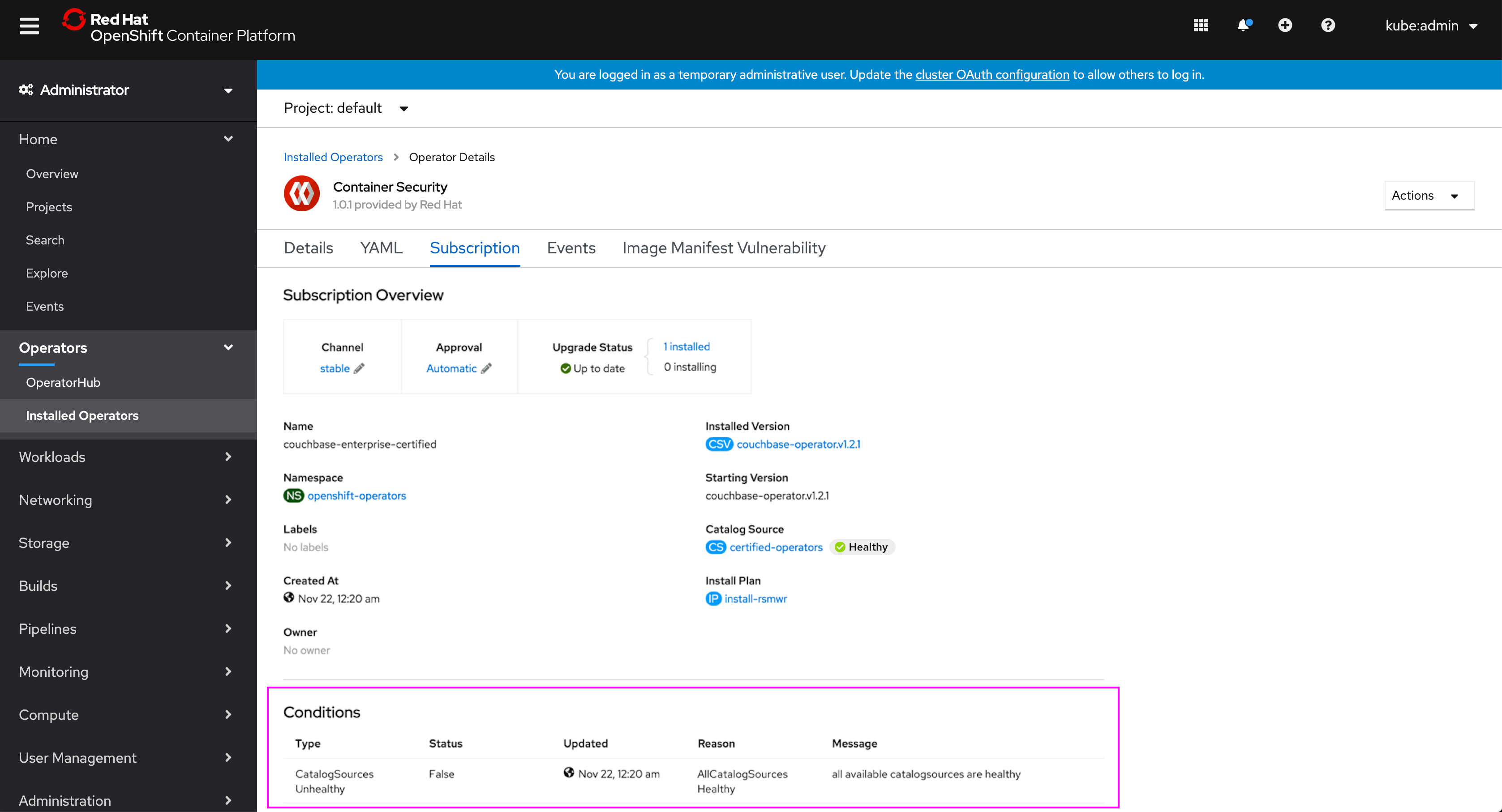 Cluster dashboard status card message click