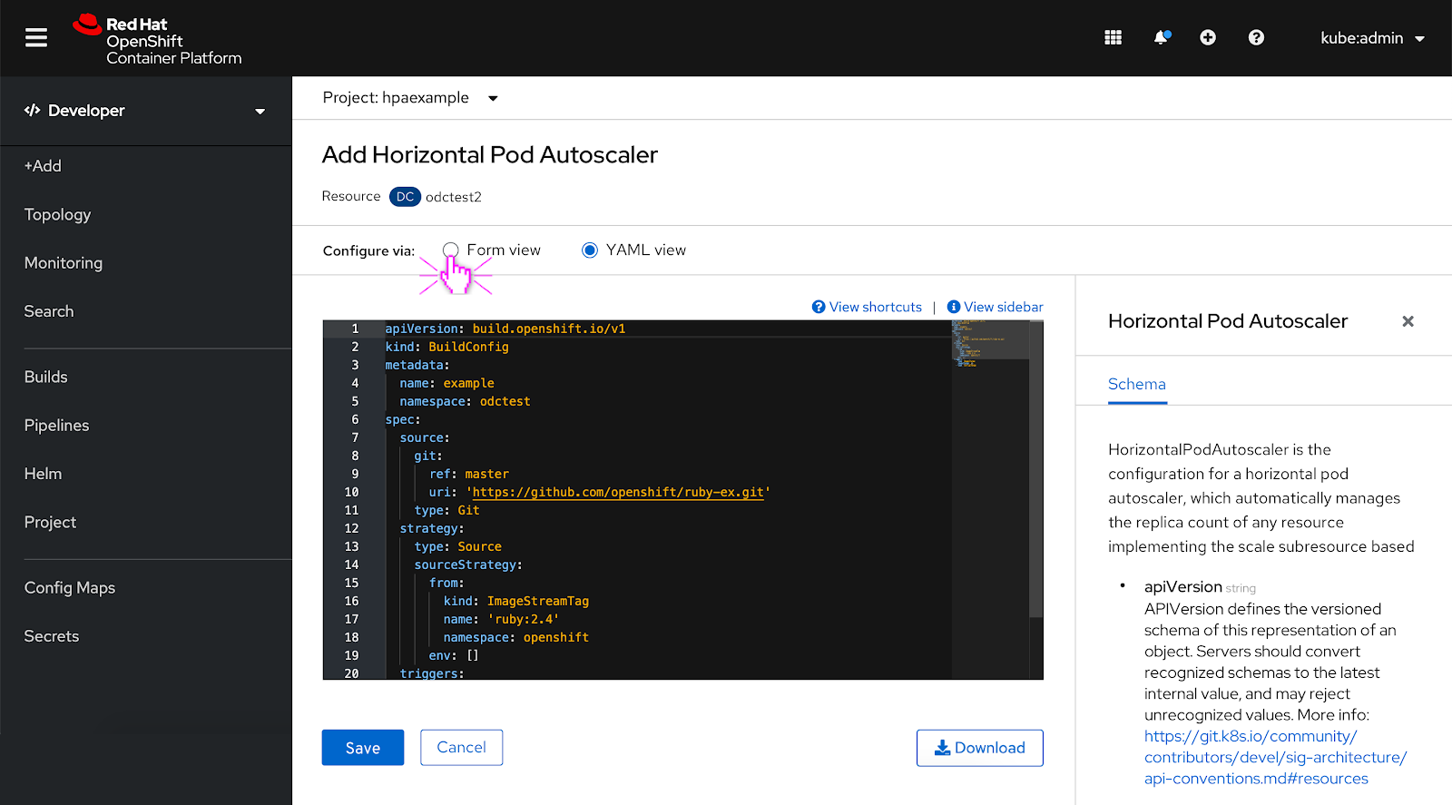 Add horizontal pod autoscaler YAML editor