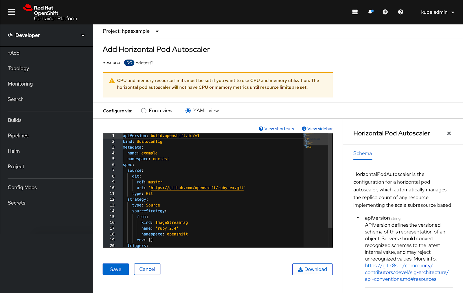 Add Horizontal pod autoscaler YAML editor alert