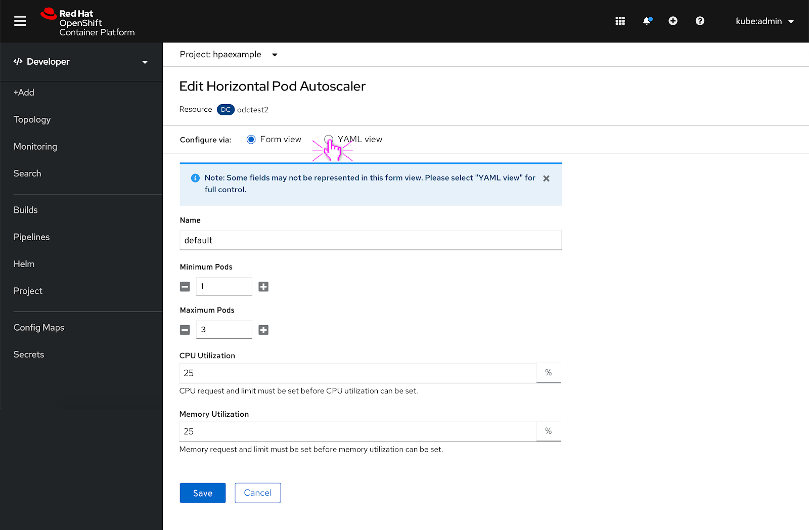 Edit horizontal pod autoscaler form