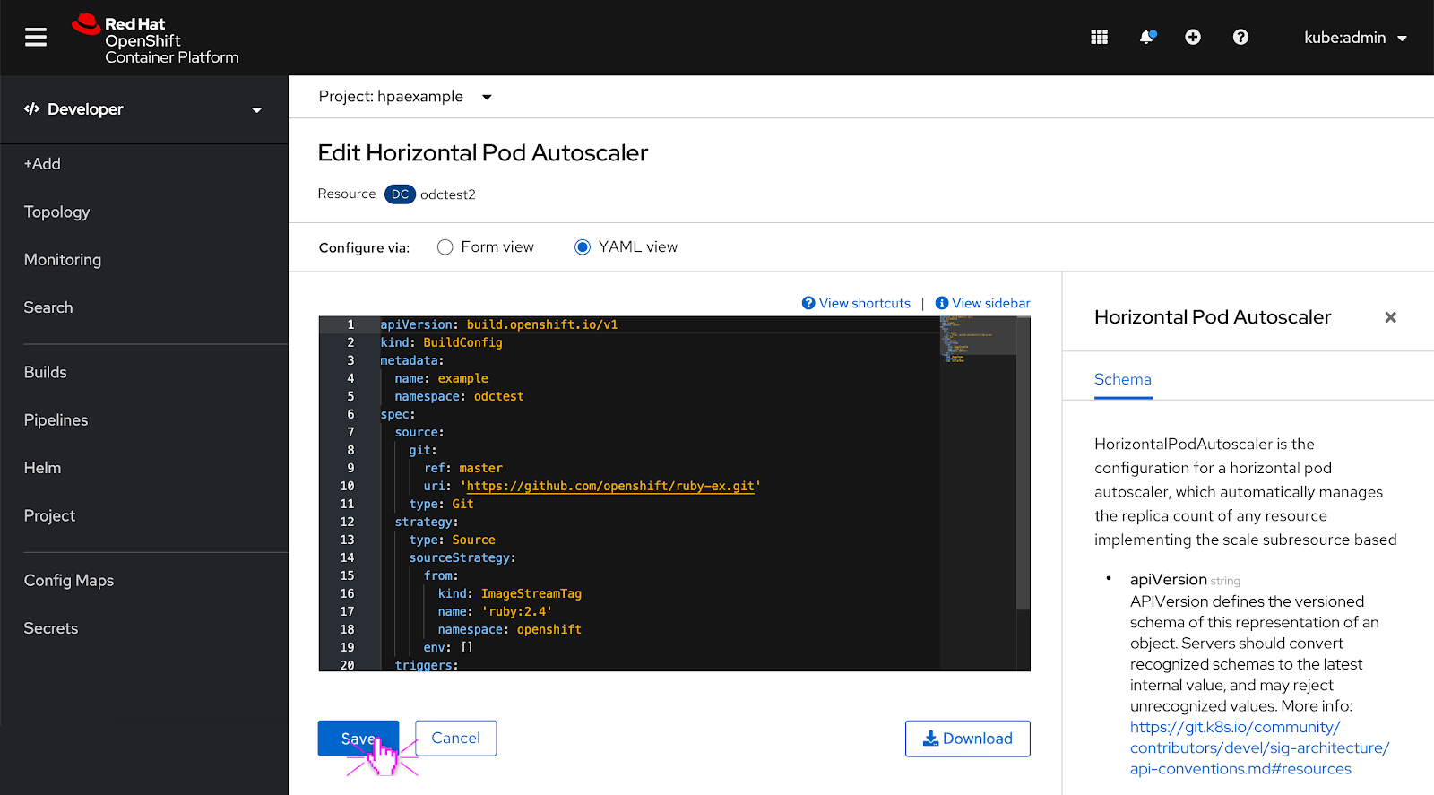 Edit horizontal pod autoscaler YAML editor