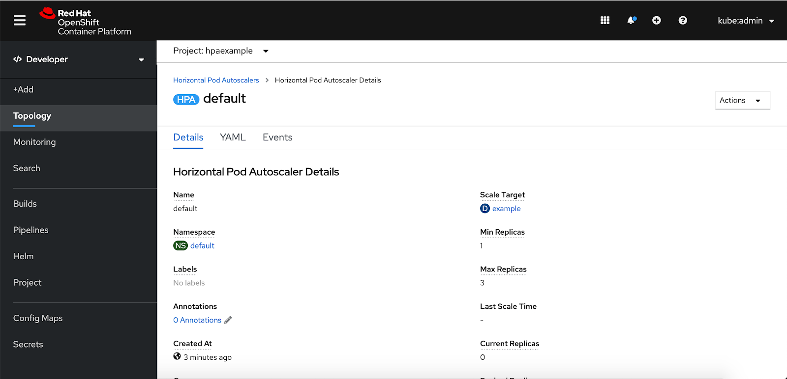 Edit horizontal pod autoscaler form