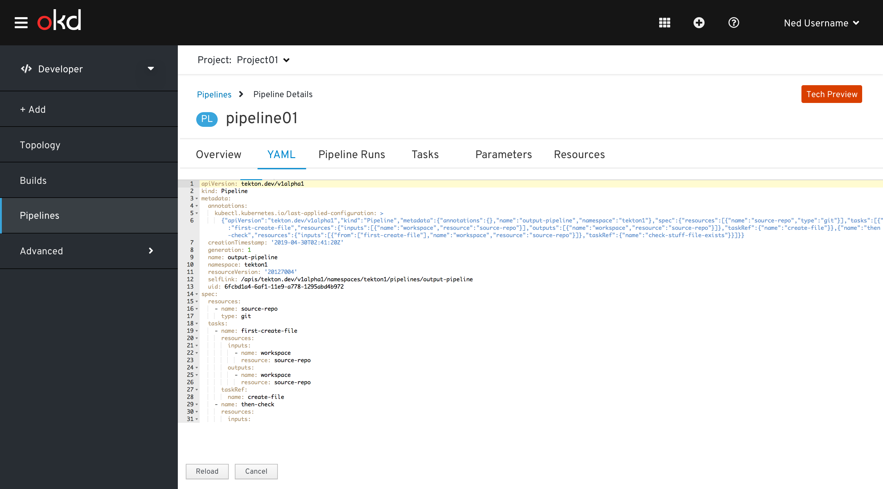 Pipelines YAML tab