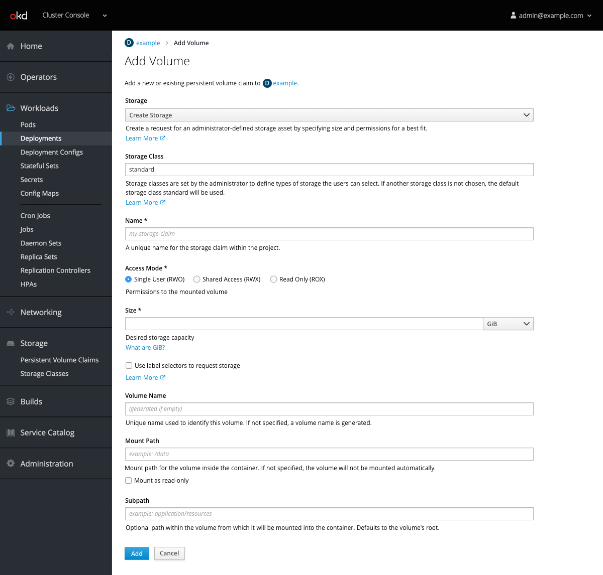 form for adding and creating storage