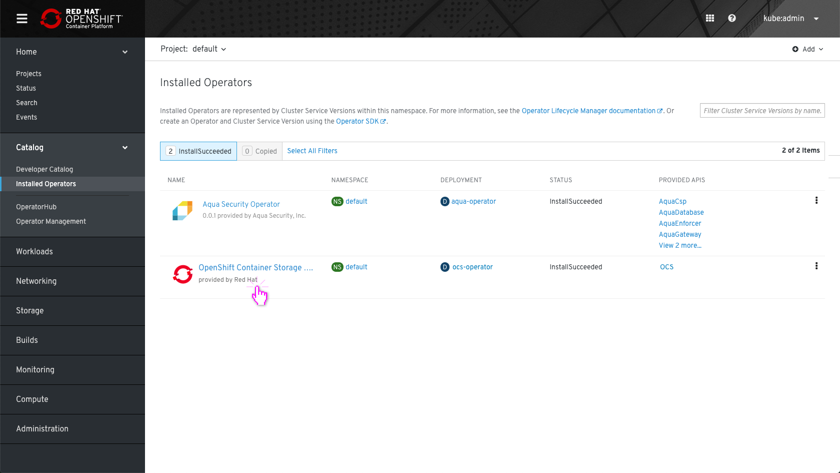 OperatorHub operators view