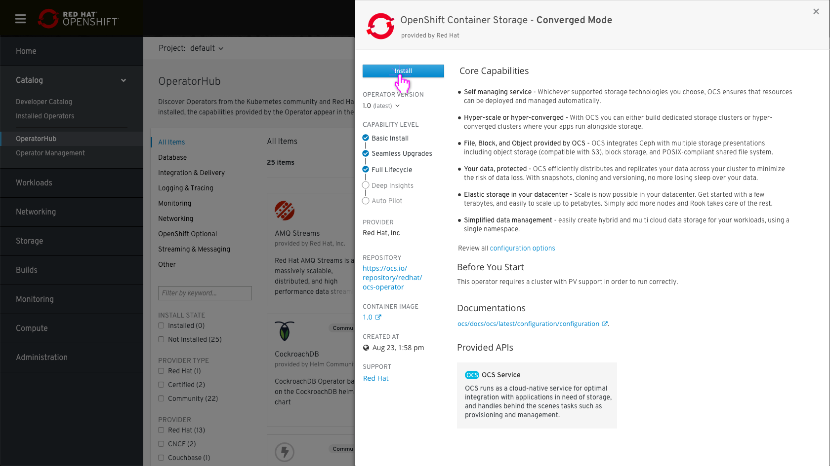 OperatorHub operators view