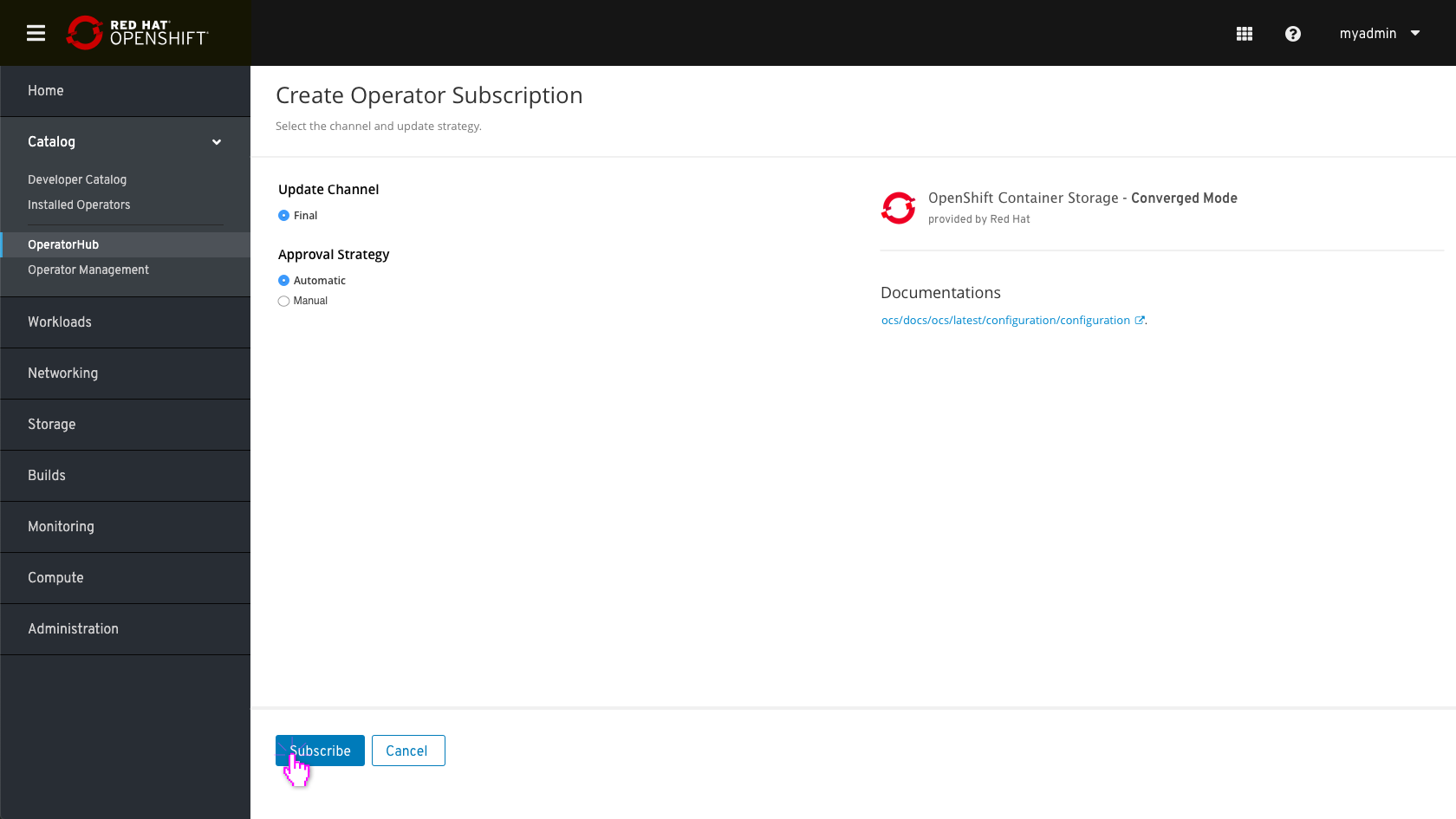 OperatorHub operators view