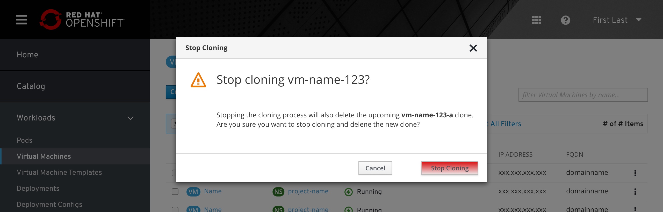 Stop Cloning confirmation modal