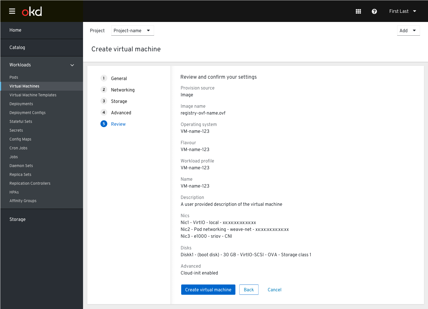 user checks settings before creating vm