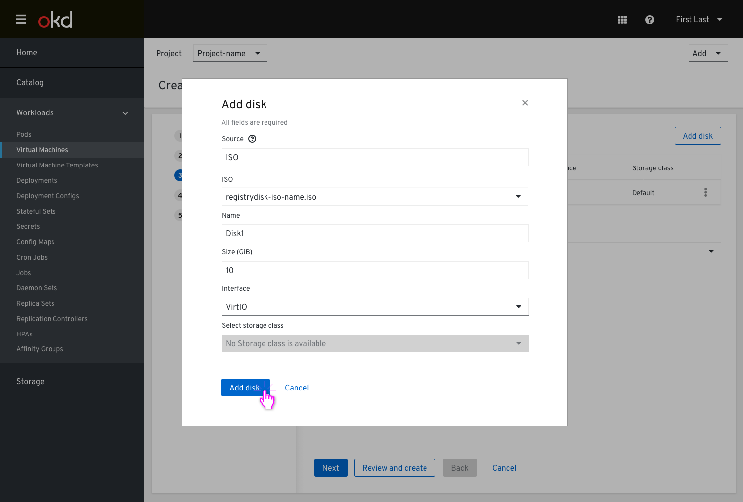 Fill in disk details