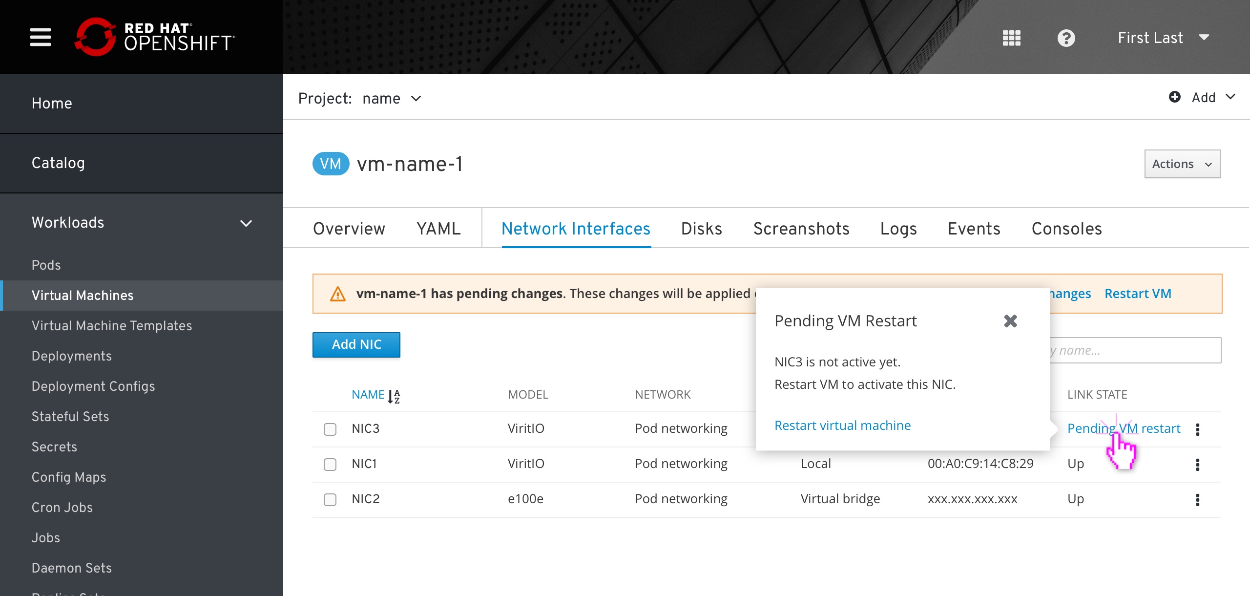 VM - New NIC - popover