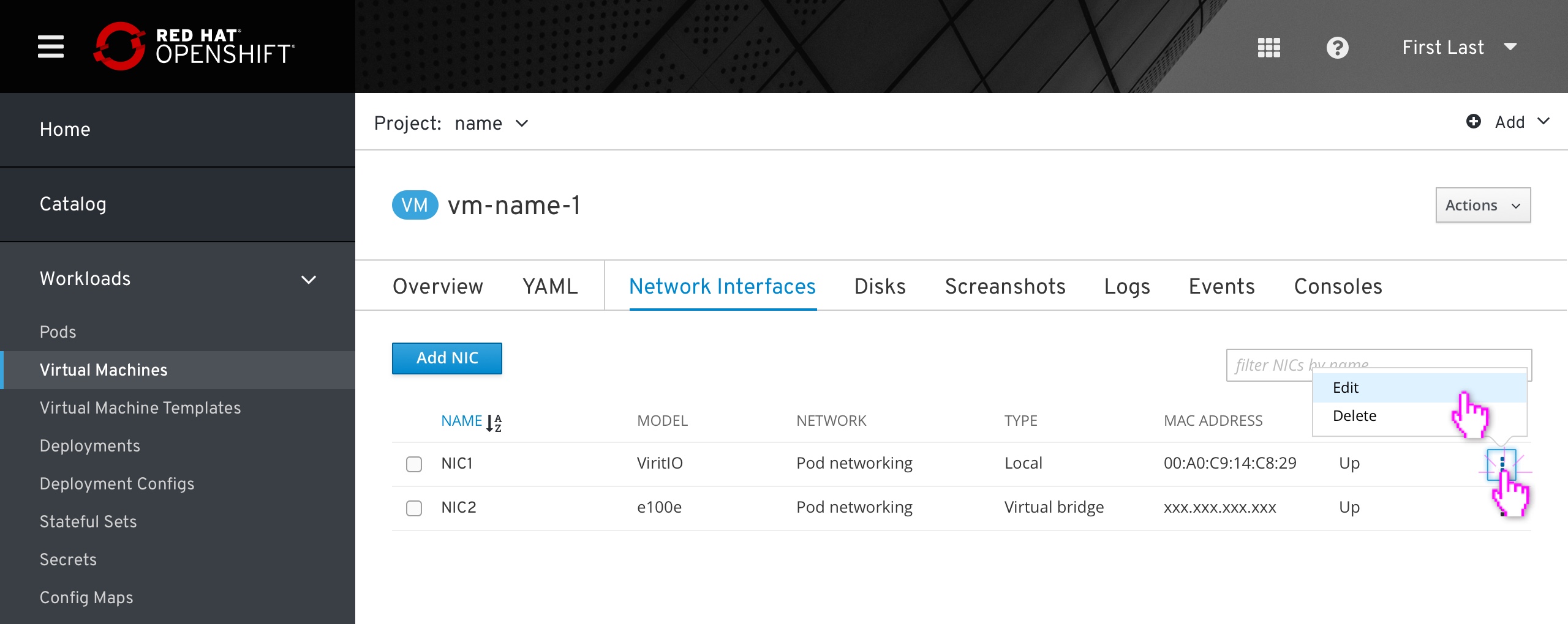 VM - NIC item action options