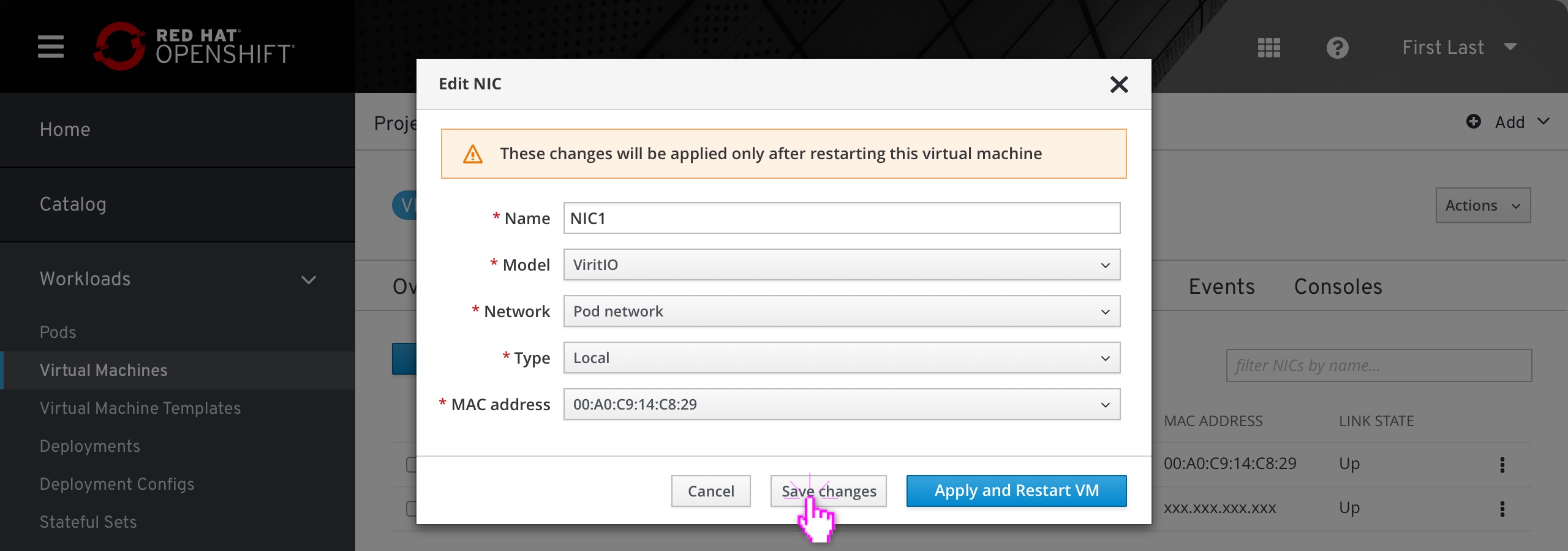 VM - Edit NIC modal