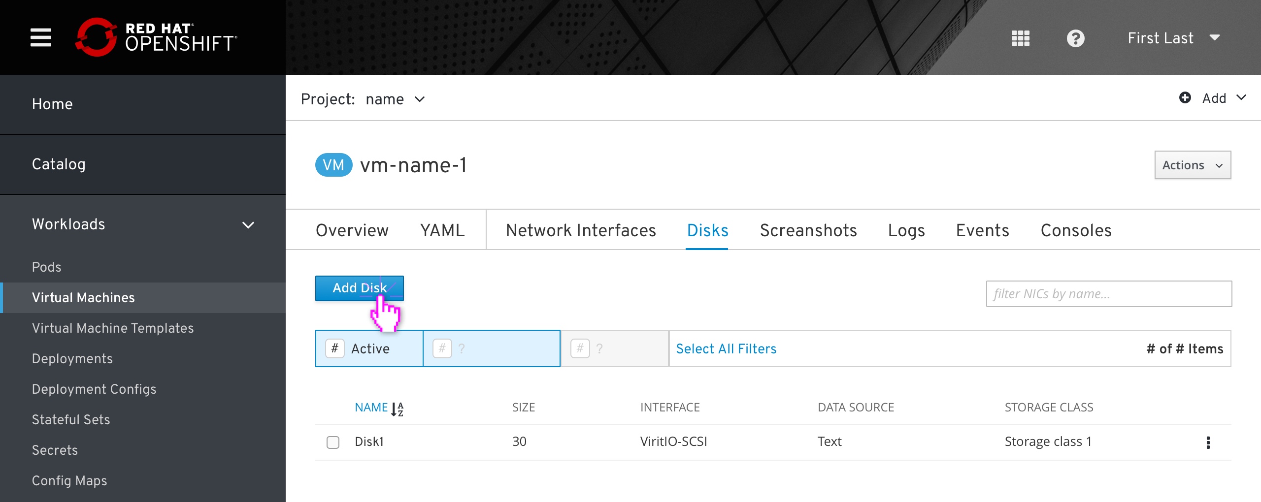 VM - Disks tab - adding disk