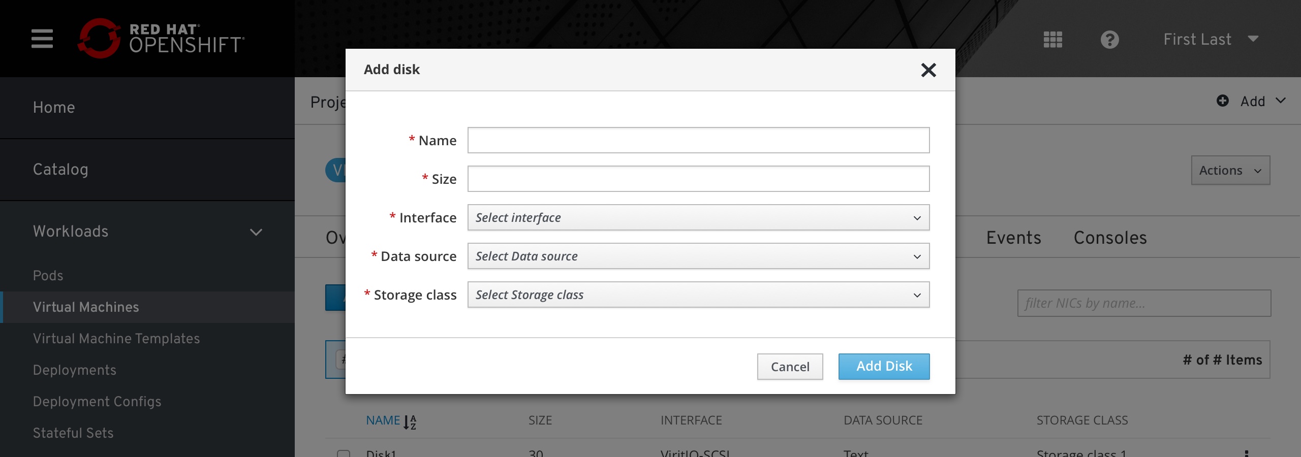 VM - add disk modal