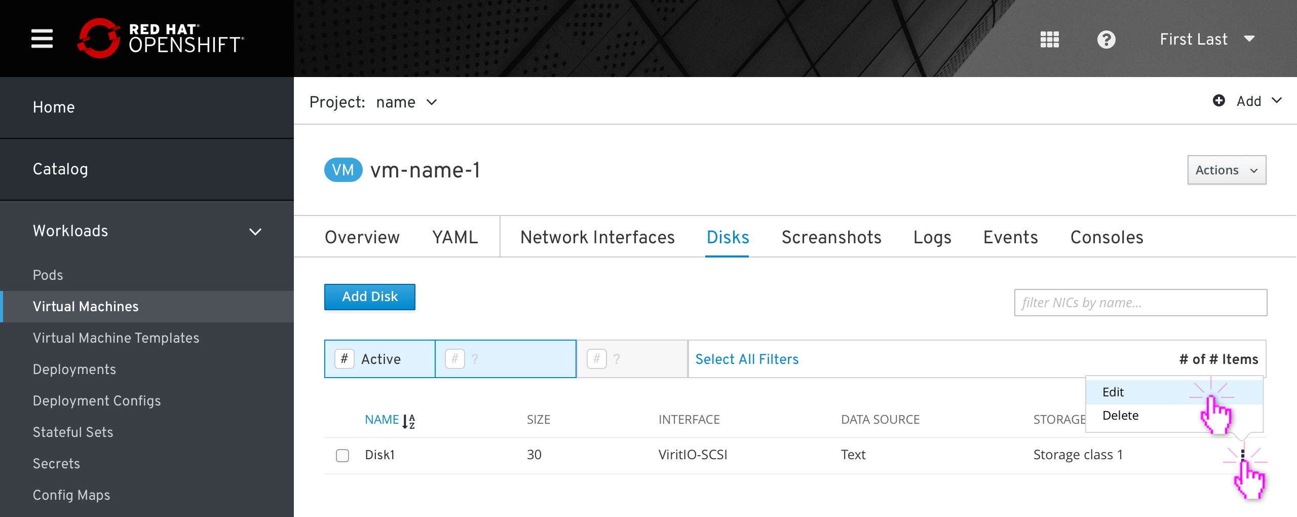 VM - disk list item actions