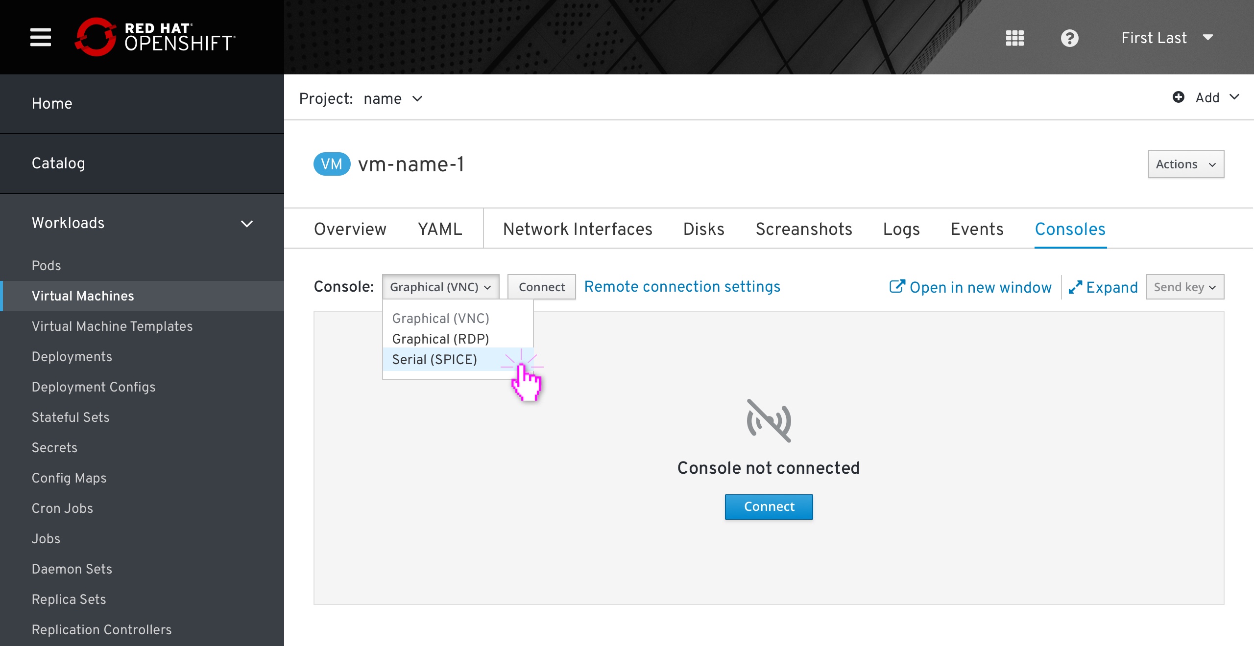 VM - console dropdown options