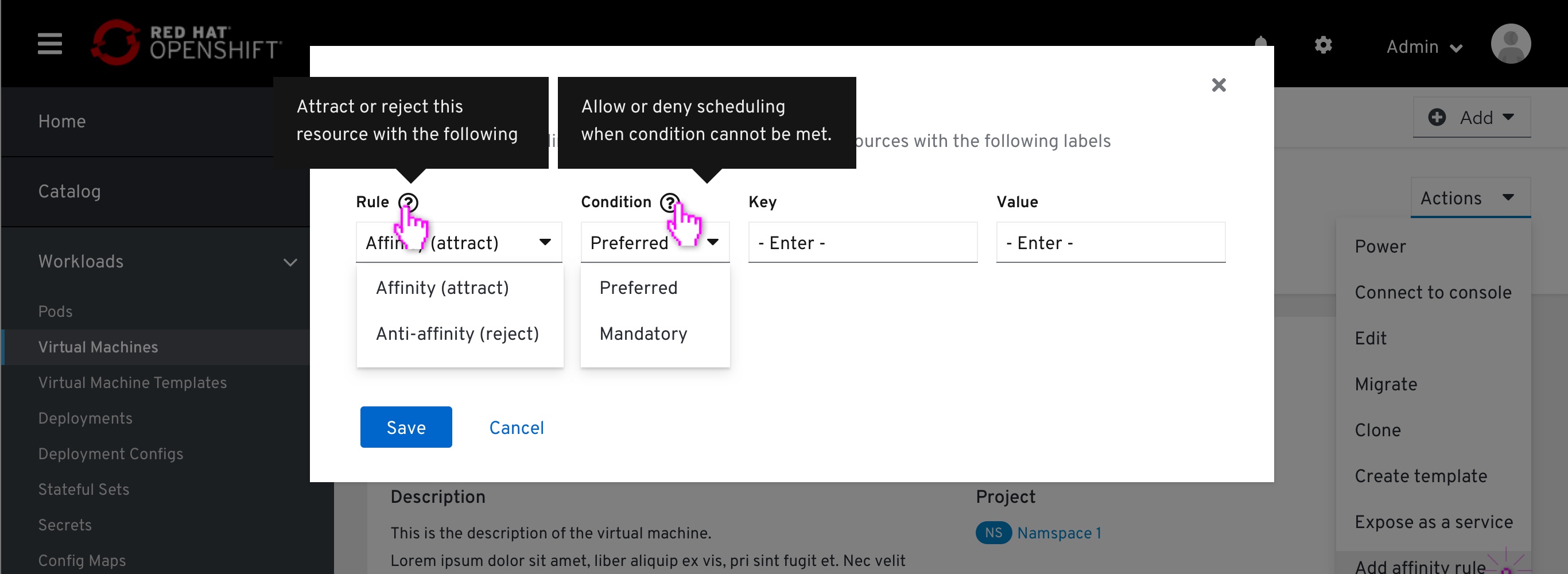 Affinity rule modal - dropdown options and tooltips