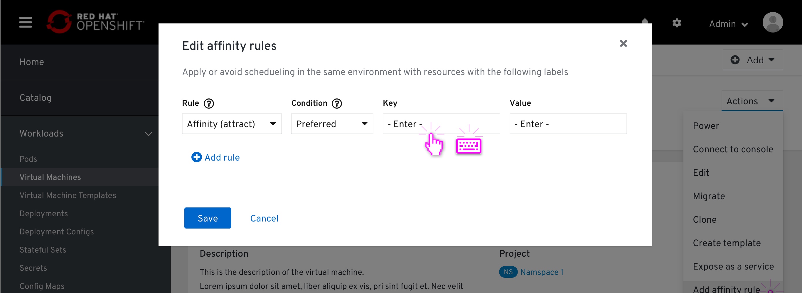 Affinity rule modal - entering key + value