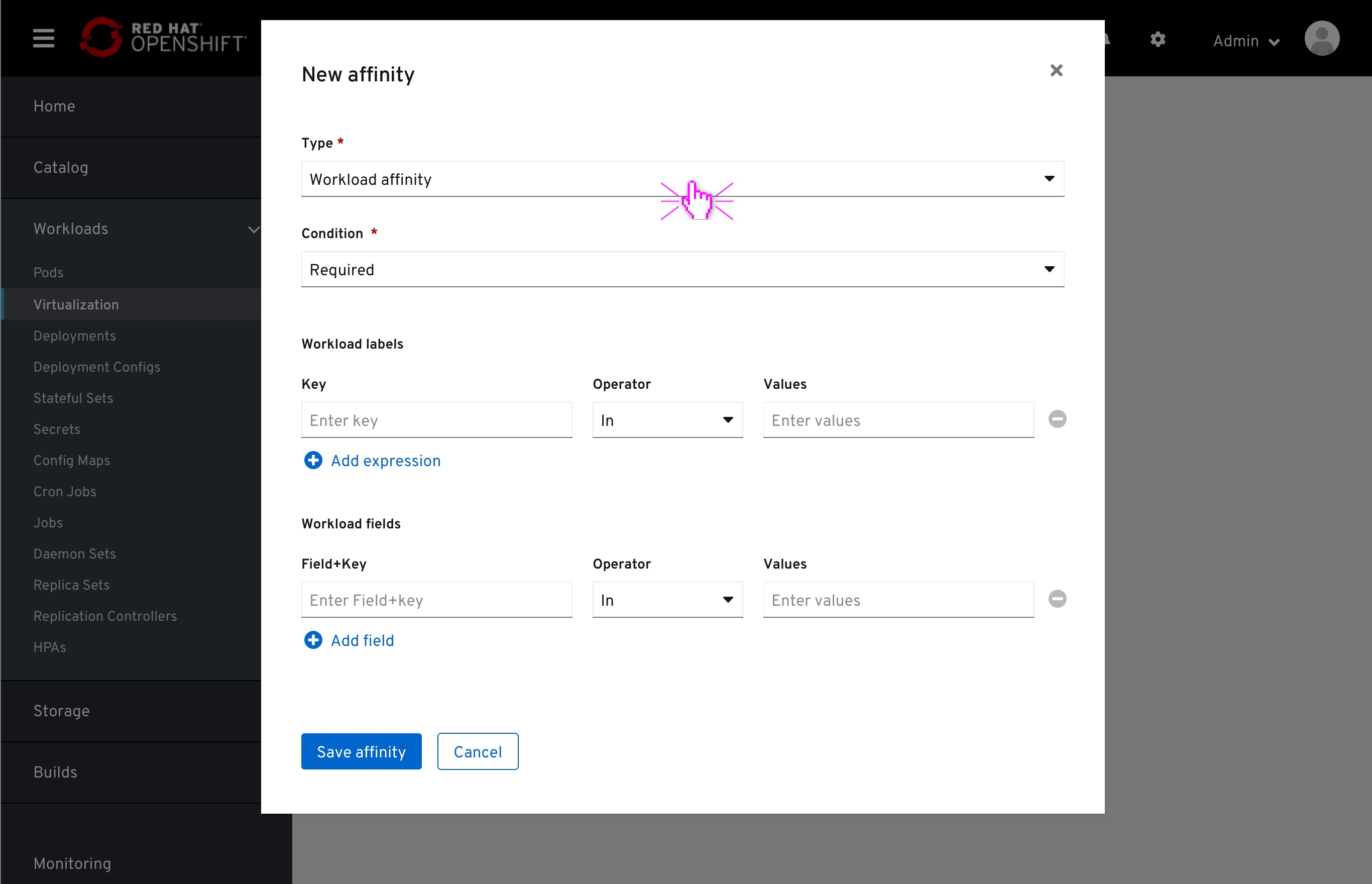 Affinity Edit/Create modal - Workload (pod) affinity 