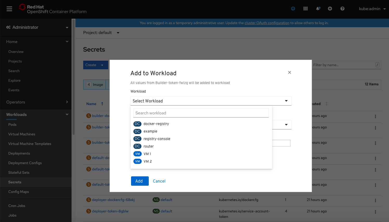 selecting workload dropdown