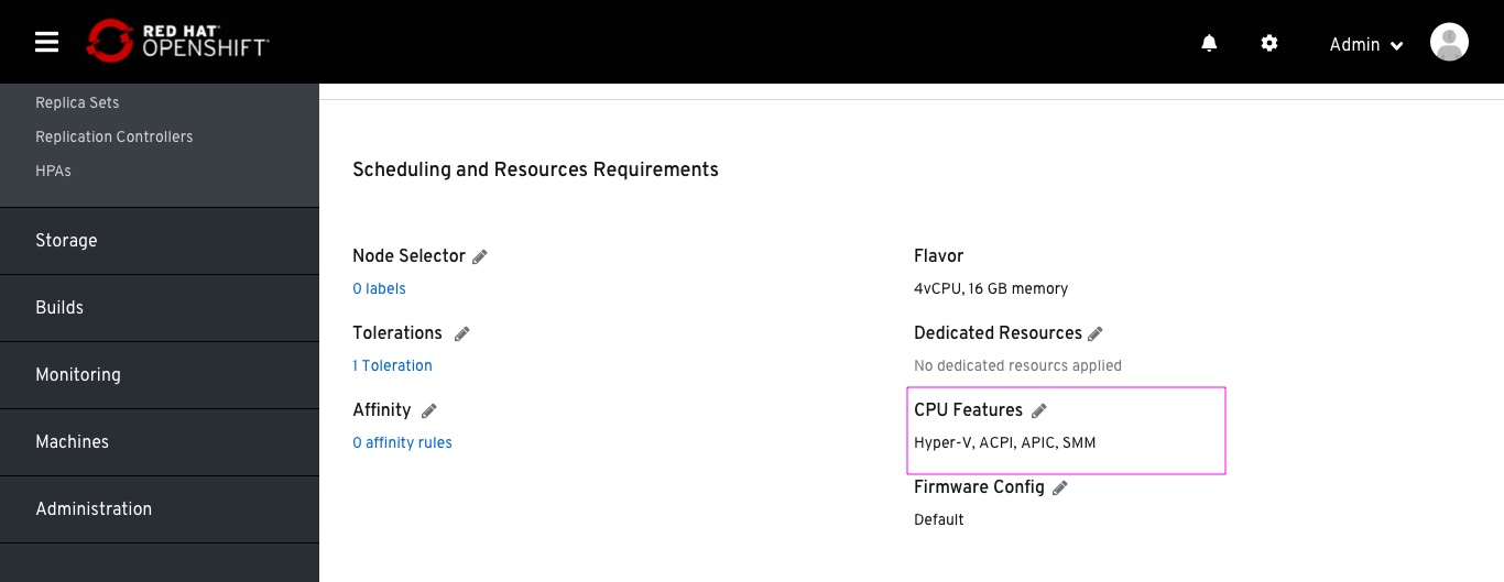 VM page CPU features customized