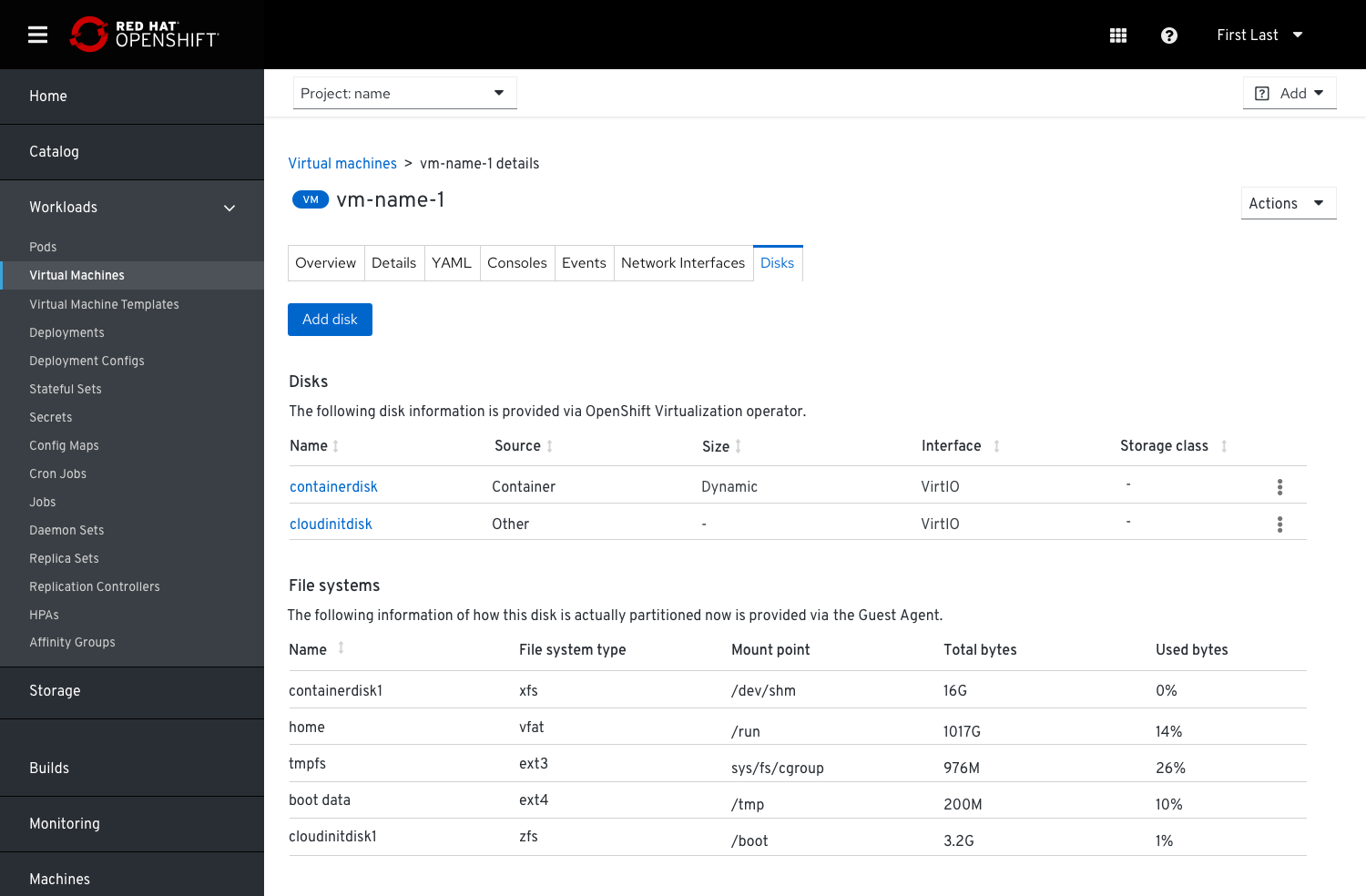 2 tables: disks and file systems