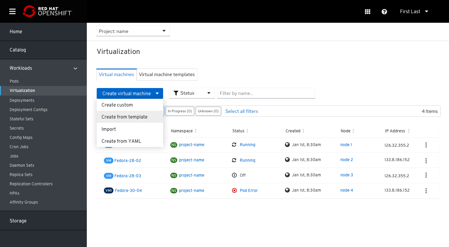 User selects to create VM from template